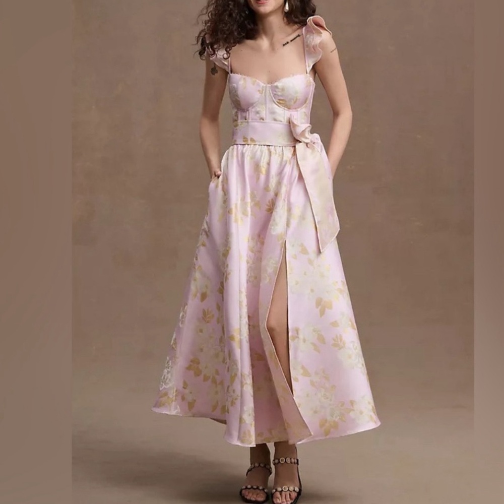 V. Chapman Vera Ruffle-Strap Corset Side-Slit Midi Dress
Size: 6